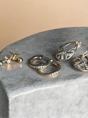 Vintage Avon Gold Tone Pave Hoop Stud & Openwork Teardrop 3-Pair Set